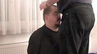 Blowjob and cum facial, unexceptionally clothed and handcuffed